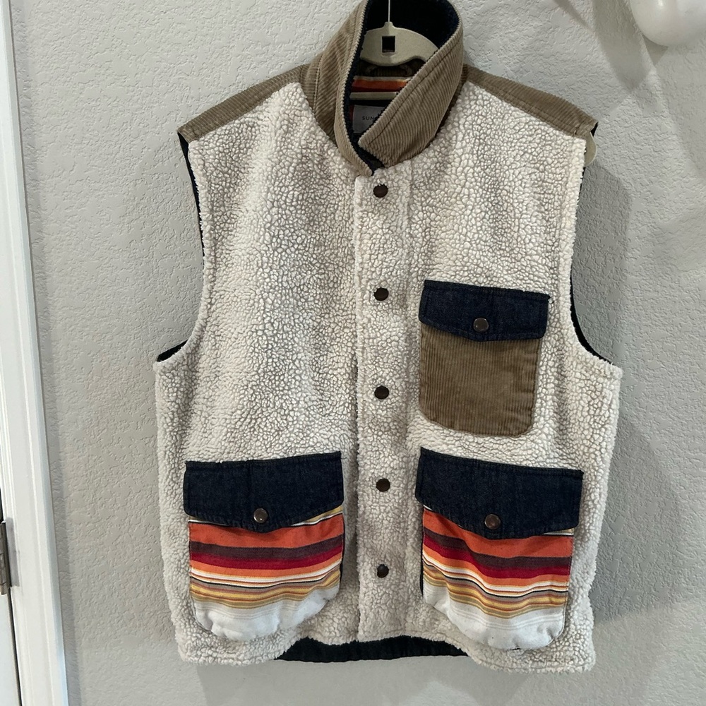 Sun And Stone Tan Sherpa and Khaki Canvas Vest Fleece Lined Men’s Large